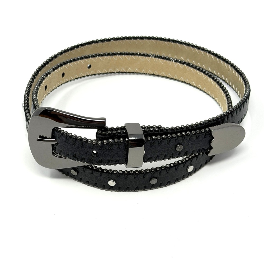 Western Beaded Studded Womens Belt‎ Black Silver Tone Medium